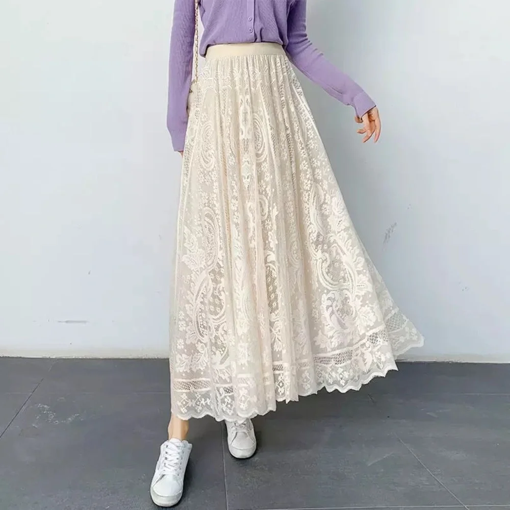 Lace skirt cream beige womens summer spring long skirt floral - Picture 9 of 15